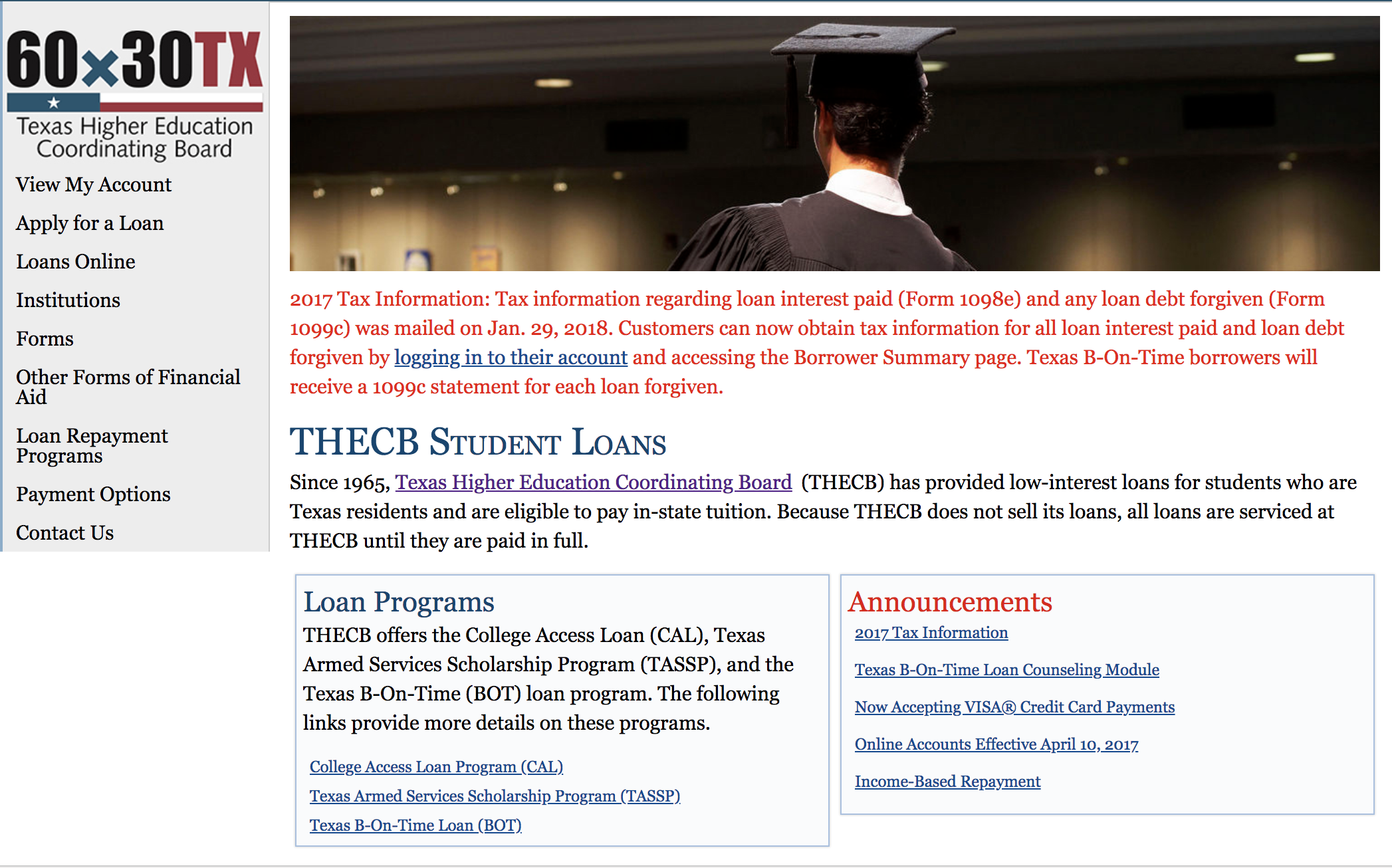 Screenshot of THECB homepage: Man in grad cap, 60x30TX logo