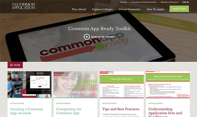 Página principal de Common App Ready: botones para lecciones para crear una cuenta, consejos y recursos