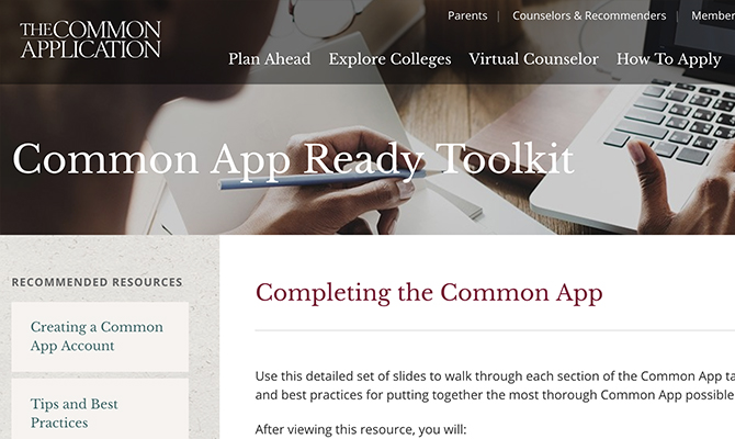Screenshot: Image of woman working at computer with buttons plan ahead, explore colleges, and virtual counselor
