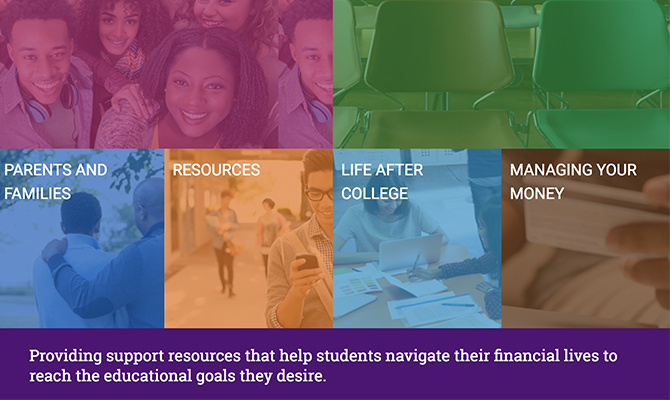 Screenshot of AIE homepage: colorful blocks with images of students and classrooms