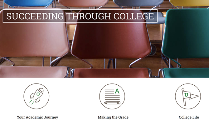 Web screenshot: classroom of chairs labeled succeeding through college