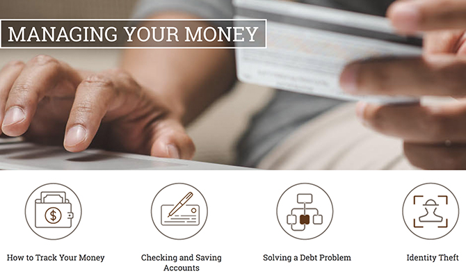 Web screenshot: hand holding credit card labeled managing your money