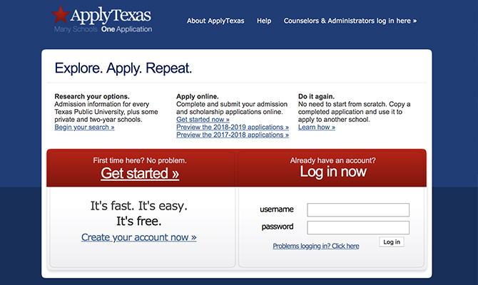 Web screenshot: log in panel for ApplyTexas