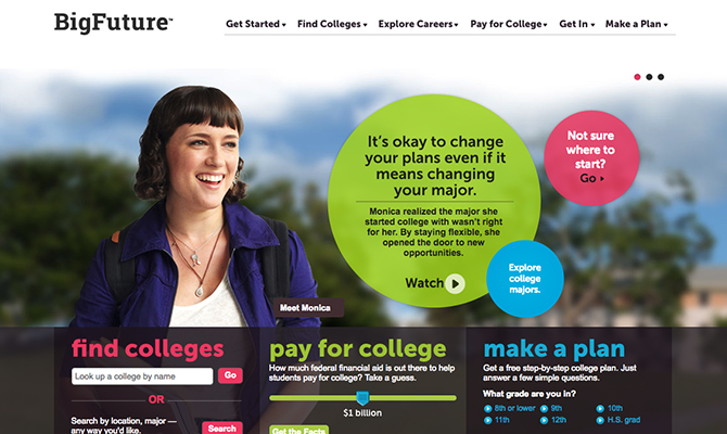 Web screenshot: Young girl smiling. Options to find a college, pay for college or make a plan
