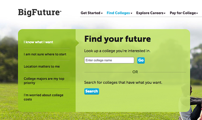 Web screenshot: search bar to "find your future"