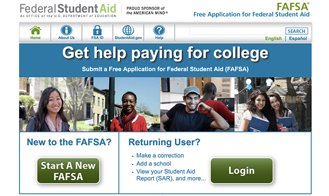 Captura de pantalla: página principal de Ayuda Federal para Estudiantes con opciones para iniciar sesión y comenzar una nueva FAFSA