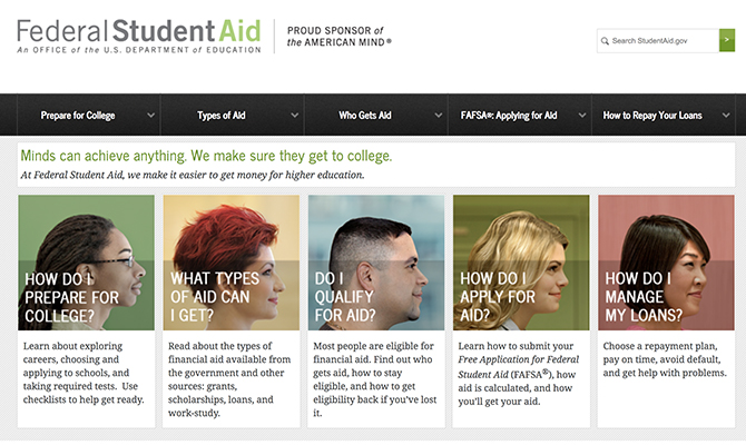Screenshot: Federal Student Aid Homepage with images of users diverse in age, race and gender