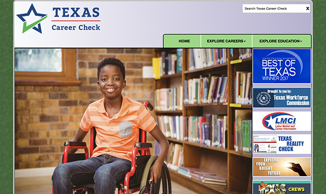 Screenshot of Texas Career Check webpage: young boy in wheelchair, tabs labeled explore careers and explore education