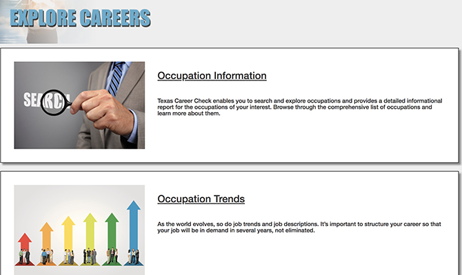 Screenshot: Explore Careers page with buttons for occupation information and occupation trends