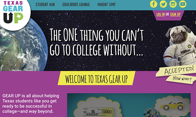 Captura de pantalla de la página de inicio de GearUp: un pug en el espacio con el titular lo único que no se puede ir a la universidad sin