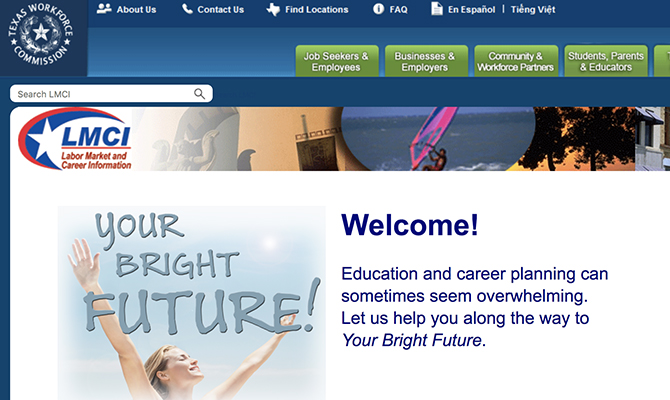 Screenshot of homepage: Woman reaching to the sky, tabs for job seekers, employers, workforce partners and families