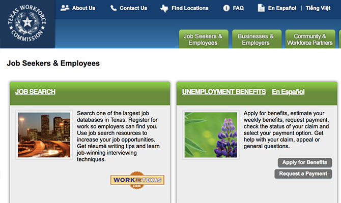 Screenshot: Homepage with buttons for job search and unemployment benefits