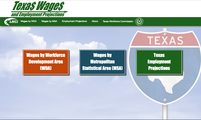 Screenshot: Homepage with road sign and images to go to pages on wage by development area or metropolitan area.