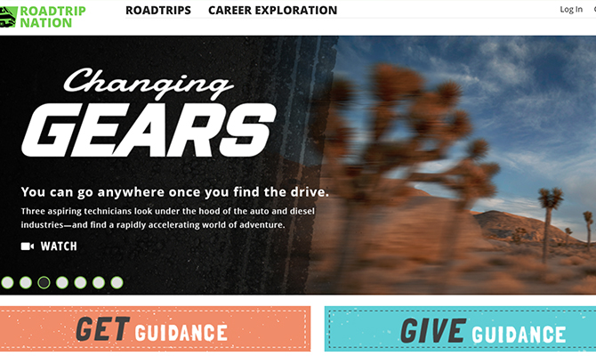 Roadtrip nation homepage: trees out a car window, buttons to get guidance or give guidance