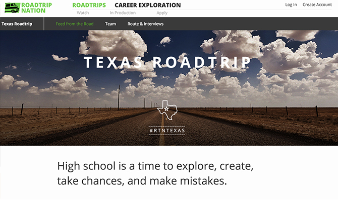 Texas Roadtrip homepage: Texas sky with label high school is a time to explore, create, and make mistakes