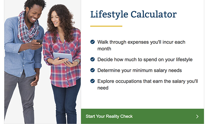 Woman and man reading smart phone, labeled lifestyle calculator