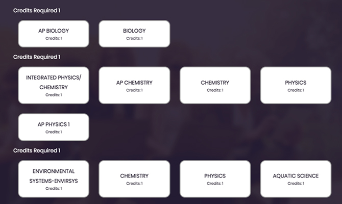 Screenshot showing graduation plan builder. Buttons representing different science class options
