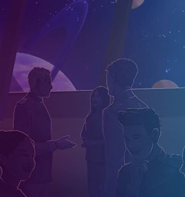 Dibujos animados del juego MiddleGalaxy: asistentes a la fiesta en la nave espacial