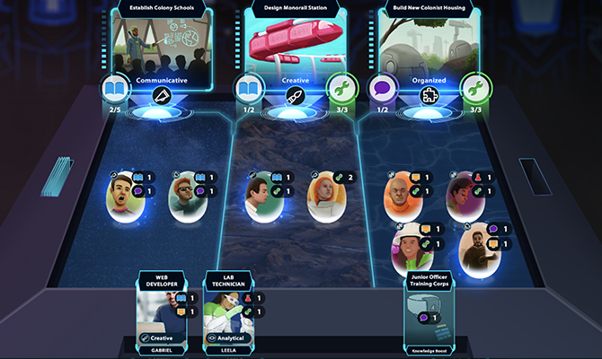 Captura de pantalla del juego mostrando tarjetas relacionadas con profesiones en el espacio