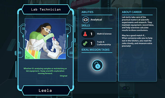 Muestra de una tarjeta de carrera que muestra a un técnico de laboratorio y con una lista de sus habilidades y habilidades