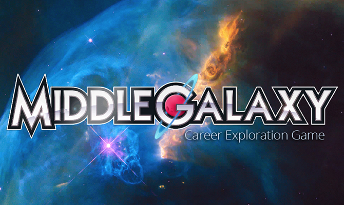 Galaxias que se arremolinan con el logo de MiddleGalaxy