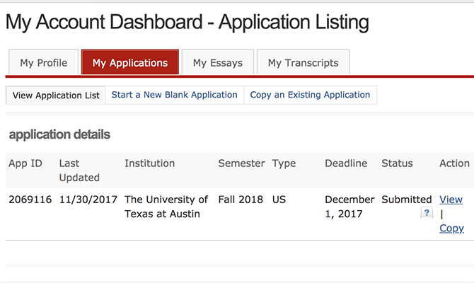Panel de muestra que muestra el progreso de una aplicación a la Universidad de Texas