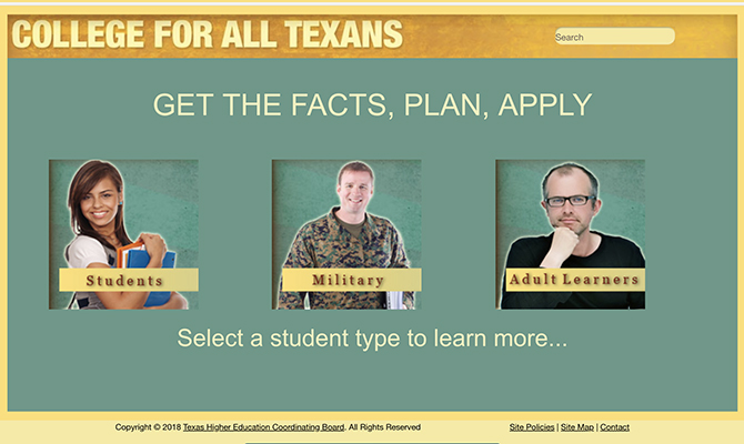 Homepage with options for students, military and adult learners