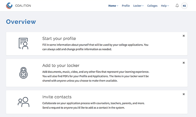 Web screenshot with options to start a profile or invite contacts