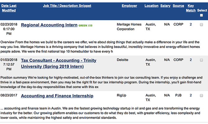 Screenshot of suggestions for various jobs, potential employers, locations and salaries