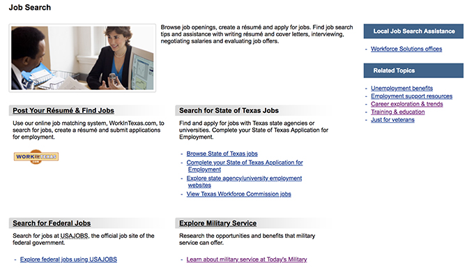 Screenshot of homepage showing job search function