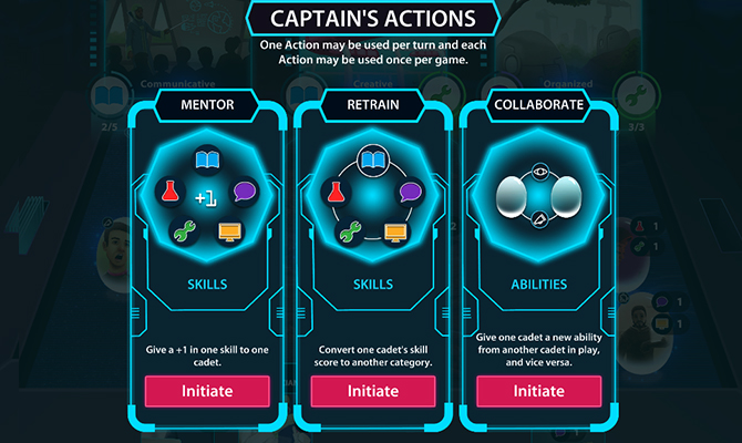 Sample cards for captains actions including mentor, retrain and collaborate