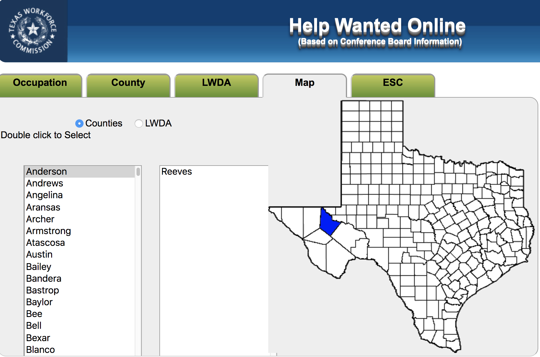Captura de pantalla: Mapa de Texas con la región resaltada, titulada Help Wanted Online
