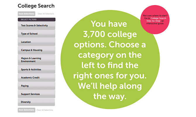 Captura de pantalla web: burbuja de texto que dice tienes 3.700 opciones de universidad. Elige una categoría a la izquierda para encontrar la correcta para ti