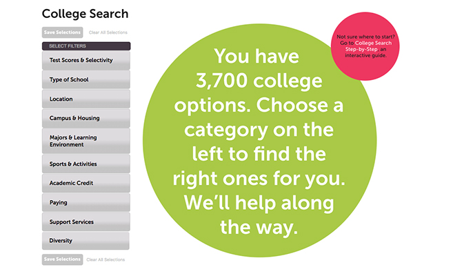 Web screenshot: Text bubble reads You have 3,700 college options. Choose a category on the left to find the right ones for you.