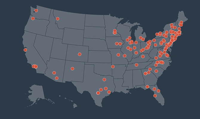 Map of America with red dots all over, representing colleges.