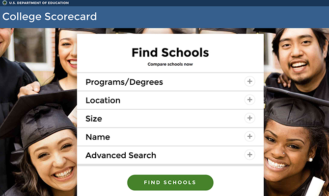 Web screenshot: Search for colleges by programs, location, size, name