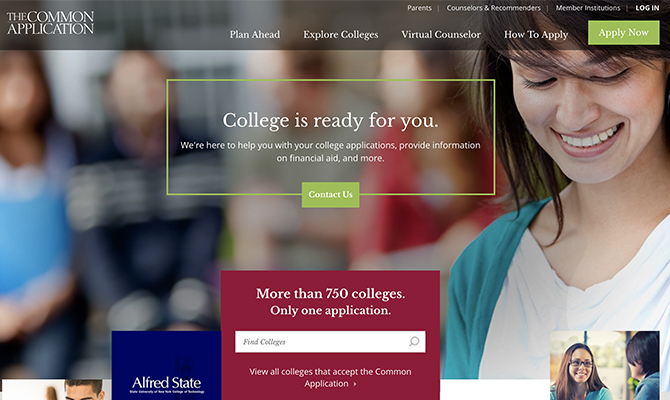Common Application Homepage, leyendo "la universidad está lista para ti"