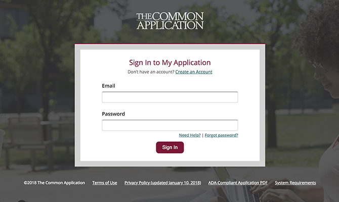  Screenshot: Common Application Single Log in