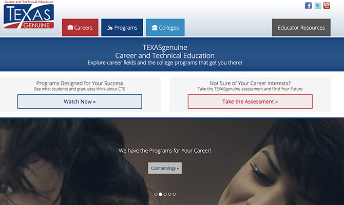 Screenshot of homepage with buttons to watch a video on a career assessment, and to take the assessment