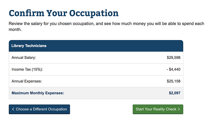 Sample graph from reality check results showing annual salary, income tax, and annual expenses 