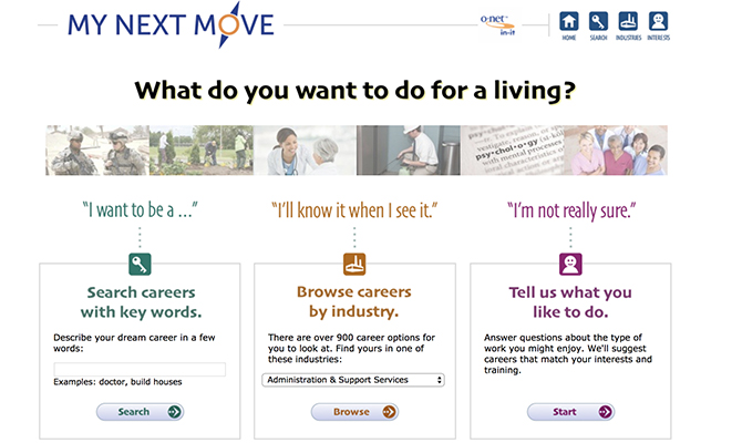 Screenshot: My Next Move Homepage. Buttons to search for careers, browse careers by energy or share interests