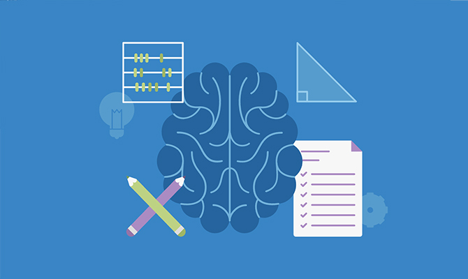 Icono del cerebro con lápices y papel alrededor