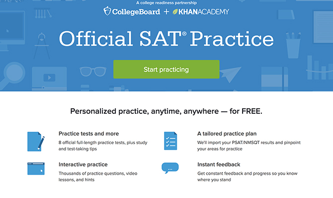 Captura de pantalla: Página de inicio titulada práctica oficial de SAT, con botón para comenzar a practicar
