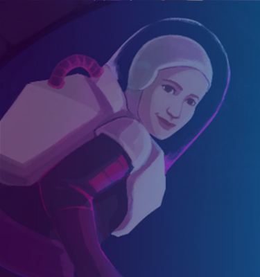 Caricatura del juego: astronauta dejando nave espacial