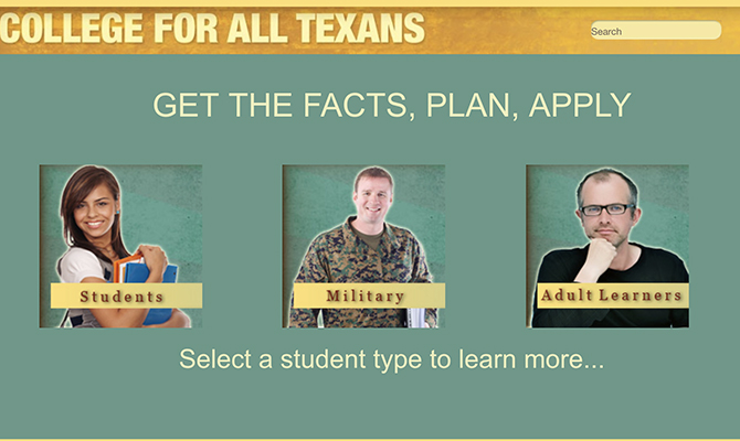 Captura de pantalla de la página principal de College for All Texans con rutas para estudiantes, militares y estudiantes adultos