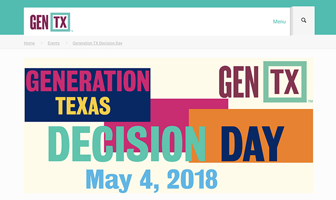 Página de inicio de GenTX con anuncio para el día de decisión del 4 de mayo