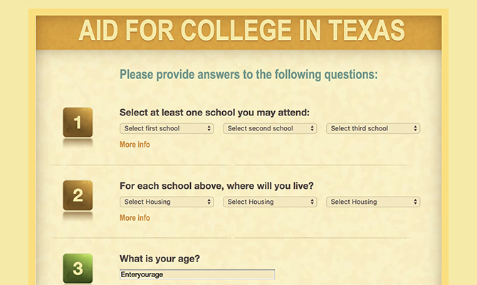 Screenshot: search for financial aid options in texas