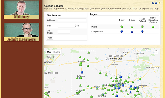 Captura de pantalla del localizador de universidades con marcadores en todo el estado