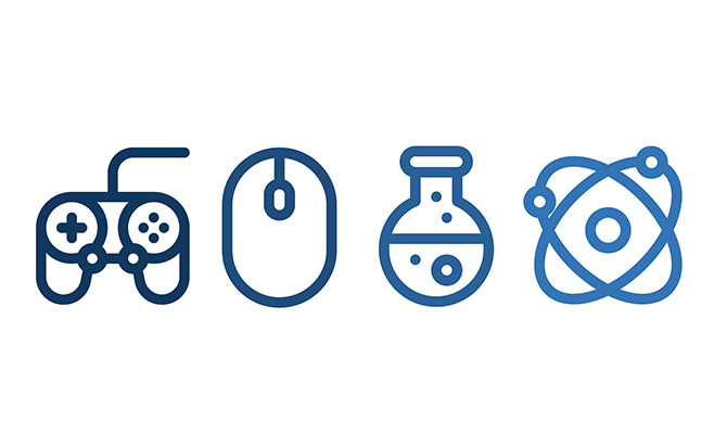 Icons of game controller, mouse, scientific beaker and atom