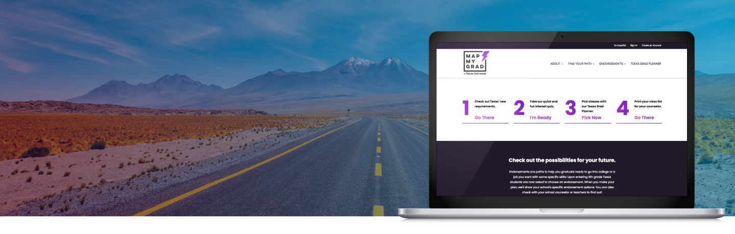 In front of the image of a road, a laptop displays the MapMyGrad tool.